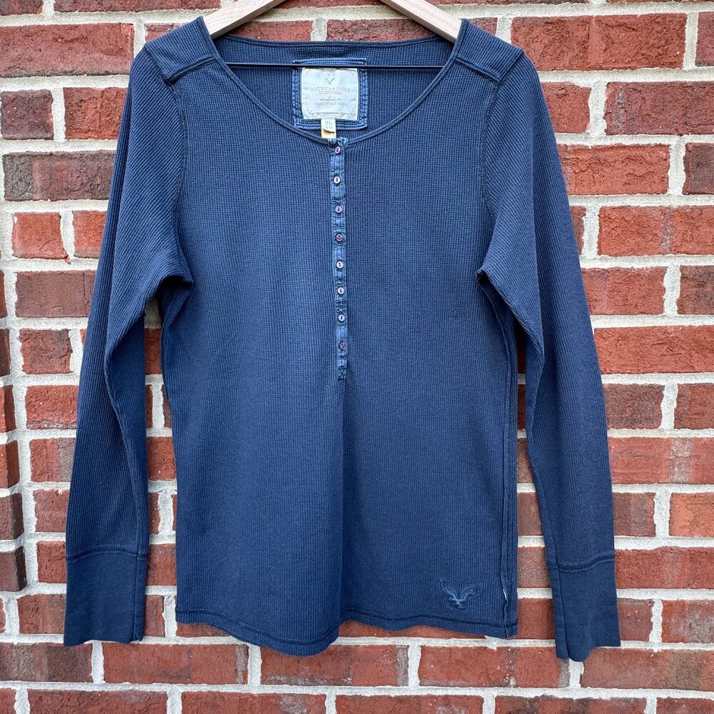 VTG Y2K American Eagle Waffle Knit Thermal Henley Blue Womens XL